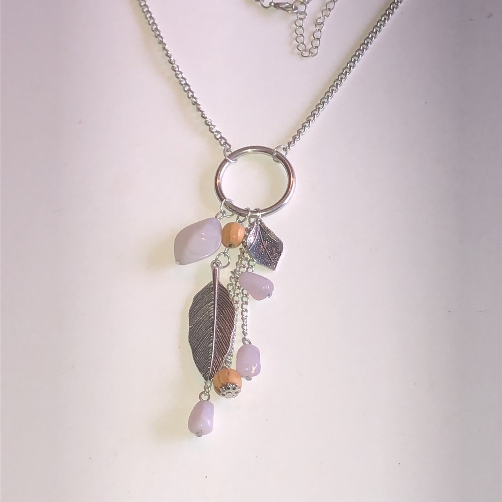 Silver Tone Necklace with Lavender Beads and Leaf Charms
